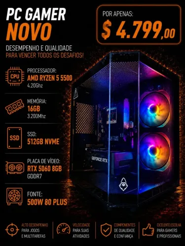 [NOVO] CPU Gamer Ryzen 5 5500 4.2Ghz / Mem 16Gb / SSD 512Gb / RTX 5060 8Gb (aceito cartão)