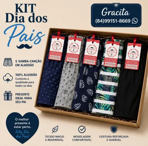 Kit Dia dos Pais 5 Samba-Canção em Algodão 