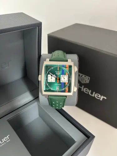 Relógio Masculino Tag Heuer Monaco Gulf Verde - Couro Verde - Cronógrafo 39mm Prem AAA+