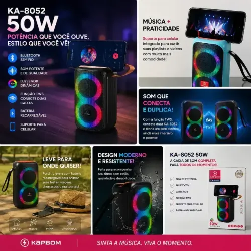 caixa de som bluetooth kapbom KA-8052 - Versatilidade e Potência