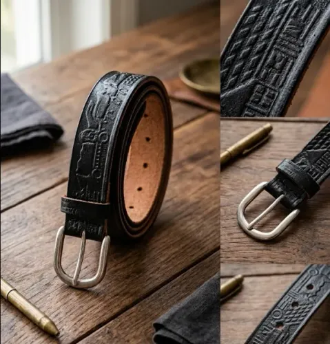 Cinto masculino em couro legítimo preto sem costura estampado