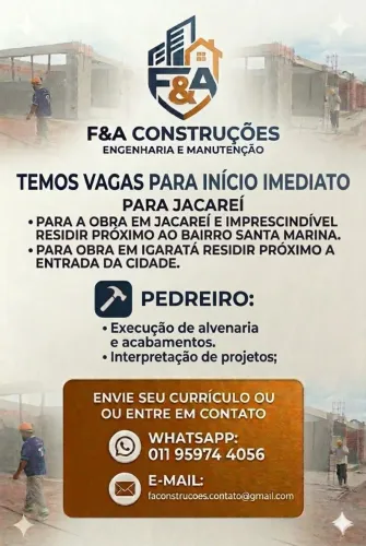 Atenção : Vagas para Pedreiro com início imediato.