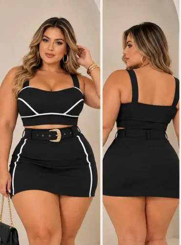 Conjunto Serena feminino bicolor com cinto sainha com short 46 ao 52