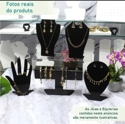 Expositor de joias e bijuterias em acrílico preto 5 unidades