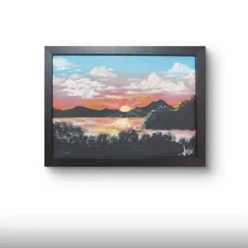 Quadro pintura em MDF - Pôr-do-sol 30x21cm com moldura