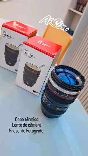 Copo térmico formato lente de câmera presente fotógrafo 