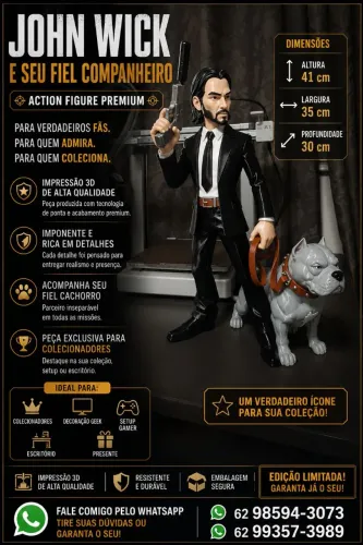 Action Figure John Wick + Cachorro | Estátua Gigante 41cm | Impressão 3D Premium