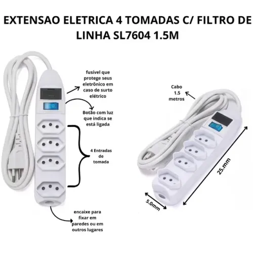 Filtro de Linha e Extensão Elétrica Slim SL7604 Bivolt Proteção Tomada Padrão Brasileiro p