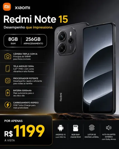 Xiaomi RedMi Note 15 8GB 256GB Preto Novo Lacrado