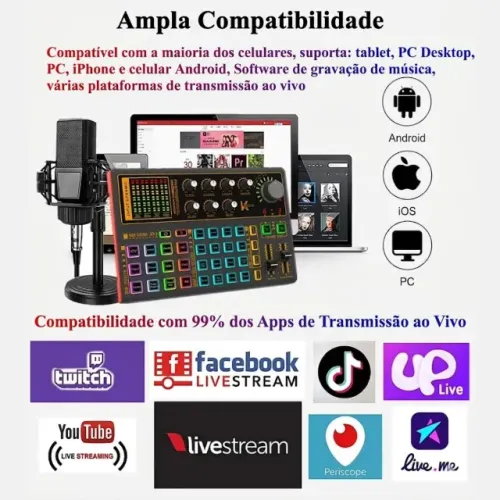 Interface de Áudio Mixer De Som Cartão Som Gravação K300 Mini Estúdio Bateria Recarregável