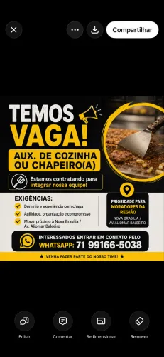 Vaga Auxiliar de cozinha ou chapeiro