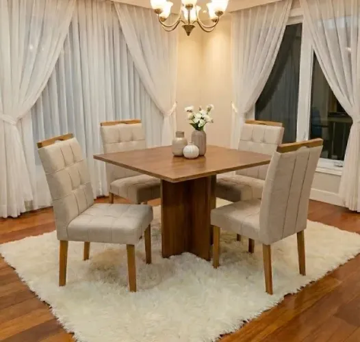 Mesa de Jantar Salerno 90cm com 4 Cadeiras Linho Bege