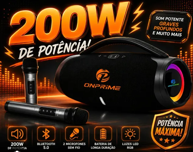 Caixa de som Bluetooth boombox com 2 microfones na caixa de loja