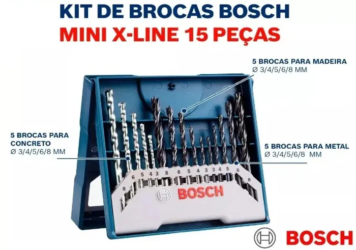 Jogo de Brocas Bosch X-Line 15 peças para Madeira, Metal e Concreto