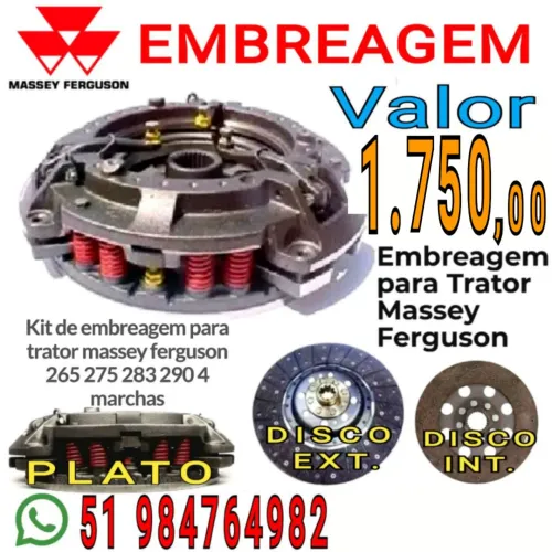 EMBREAGEM KIT TRATOR MASSEY FERGUSON 265-275-283-290 - 4 MARCHAS