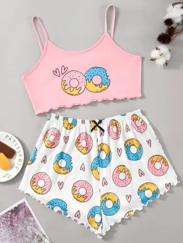 Conjunto de Pijama Feminino Donuts - Rosa e Branco