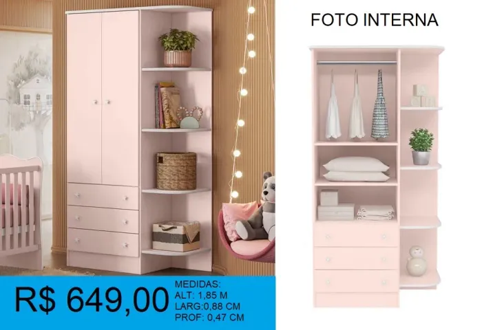 Guarda-Roupa Infantil Rosa com 2 Portas e 3 Gavetas - Novo