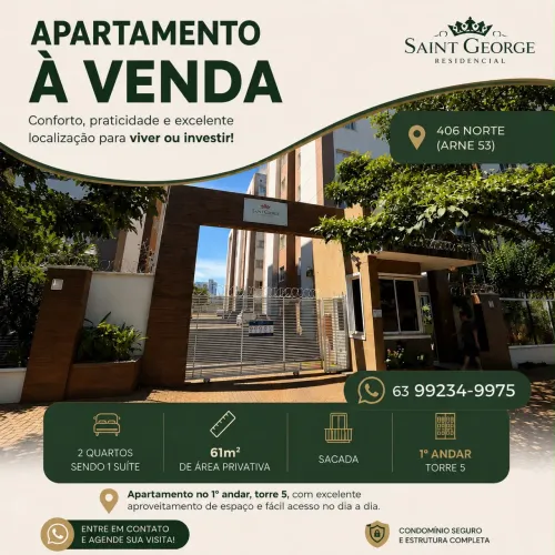 Apartamento 2/4, sendo 1 suíte, 61m² - 406 Norte (Arne 53) - Residencial Saint George