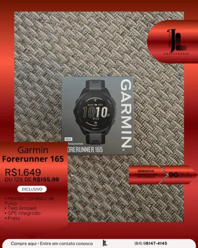 RELÓGIO GARMIN FORERUNNER 165, PRETO, SEMINOVO, EXCLUSIVO!