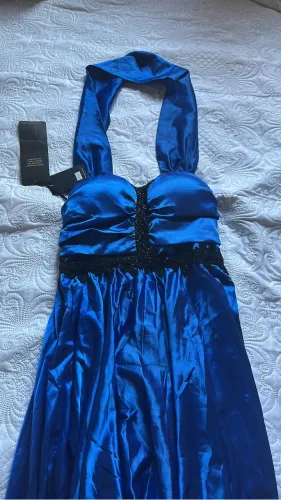 Vestido Longo de Festa Azul Royal em Cetim com Renda Preta | Novo com Etiqueta