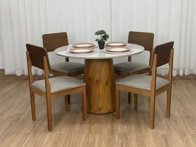 Mesa de Jantar Redonda 110x110 com 4 Cadeiras Linho Bege