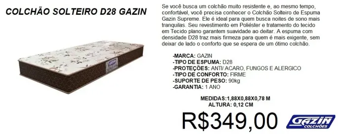 Colchão d28 gazin de espuma - temos a pronta entrega 