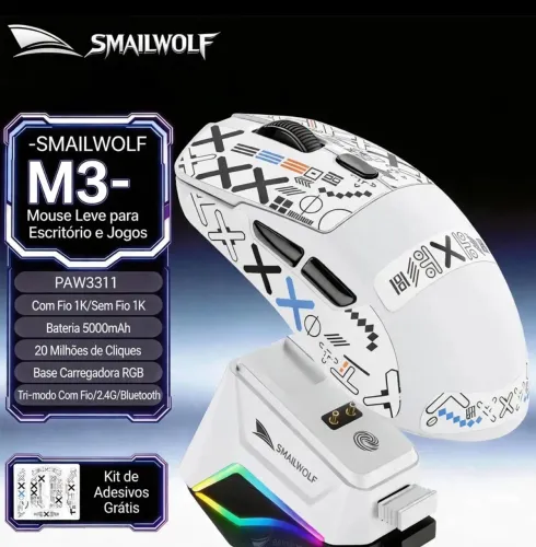Mouse Gamer + Dock de Carregamento Sem Fio Smailwolf M3 Tri Mode Paw3311 12000dpi Branco