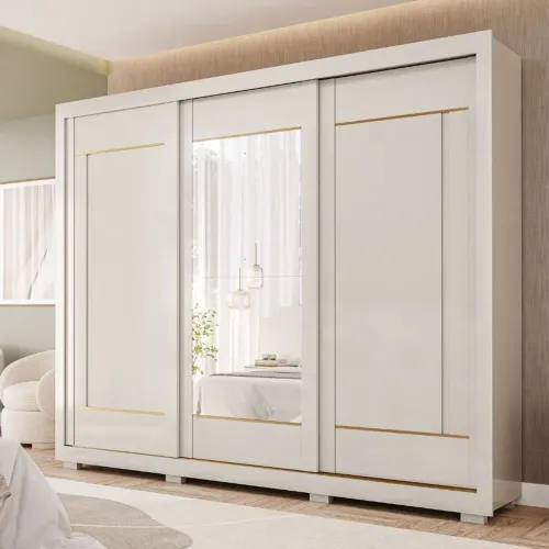 Roupeiro Casal com Espelho 3 Portas de Correr e Pés em MDF Valentina Panan Off White <br>