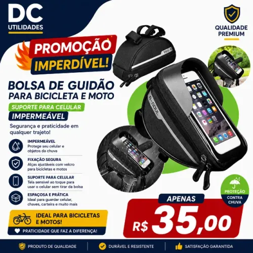 Bolsa de Guidão para Bicicleta e Moto com Suporte para Celular Impermeável