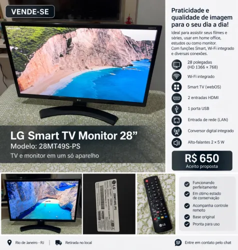 Smart TV Monitor LG 28 polegadas, modelo 28MT49S-PS.