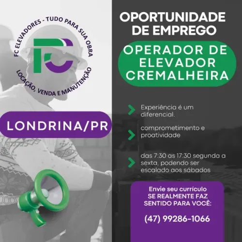 Vaga de operador de elevador cremalheira
