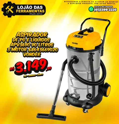 Aspirador de Pó e Líquidos APV3690 90 Litros 3 Motor Vonder 