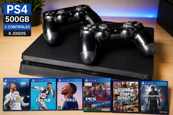 PS4 SLIM 500GB + 2 CONTROLES + 6 JOGOS