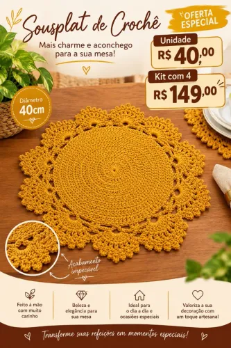 Sousplat de Crochê, 40cm, estruturado em fio 8, cor mostarda