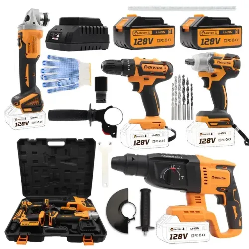 Kit 4 em 1 Ferramentas 128V - Furadeira, Parafusadeira de Impacto, Martelete e Esmerilhade