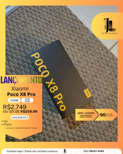 POCO X8 PRO, 5G, 512GB, 12GB RAM, LACRADO(CABO E FONTE), LANÇAMENTO!