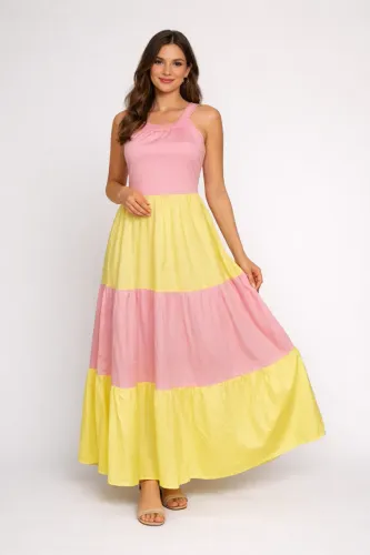 Vestido longo rosa e amarelo princesa três marias babado - Veste P - Ref. 5196 