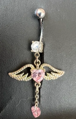 Piercing de umbigo em prata, zircônia rosa e haste em aço cirúrgico