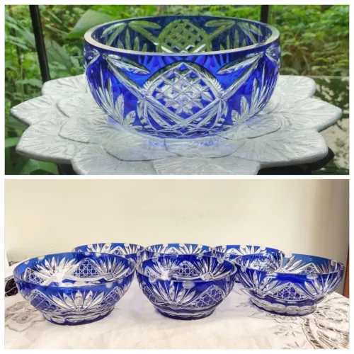 Bowl cristal Bohemia azul Bacarrat, centro de mesa mais 6 vasilhas pequenas