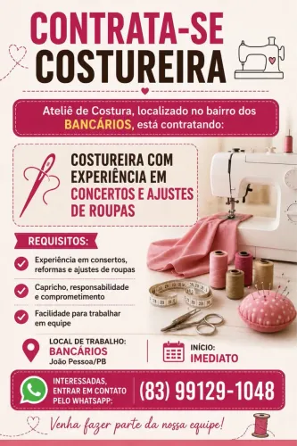 Vaga p/ Costureira de Reparo e Ajuste de Roupas.