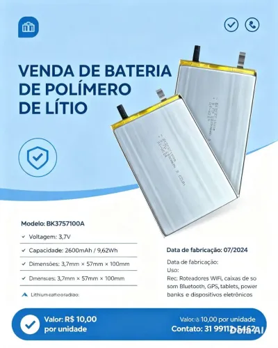 Bateria Polímero de lítio 3,7v 2600mAh