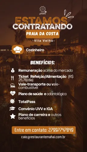 Vaga para cozinheiro e auxiliar de cozinha