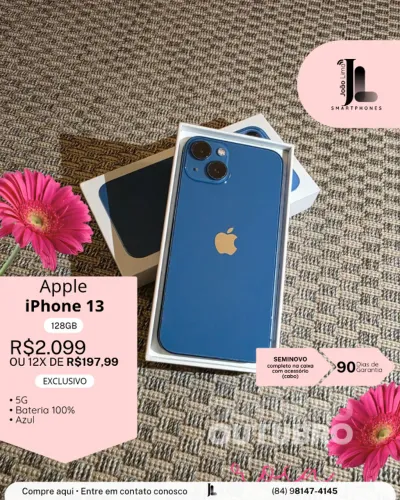 IPHONE 13, 5G, 128GB, AZUL, BAT 100%, SEMINOVO, EXCLUSIVO!
