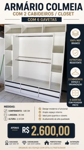 Guarda-Roupa Aberto Colmeia com Gavetas e Cabideiro MDF Branco