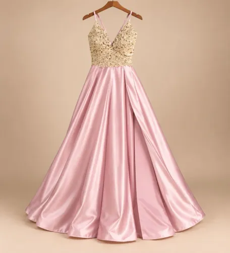 Vestido Longo Rosa Acetinado com Busto Bordado