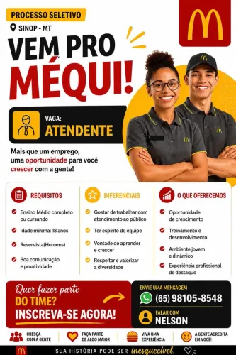 Vaga para Atendente - McDonald's Sinop/MT | Contratação Imediata