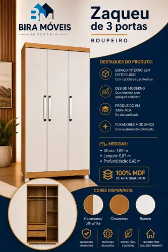 Guarda-Roupas 100% MDF 3 Portas 2 Gavetas - OFF WHITE