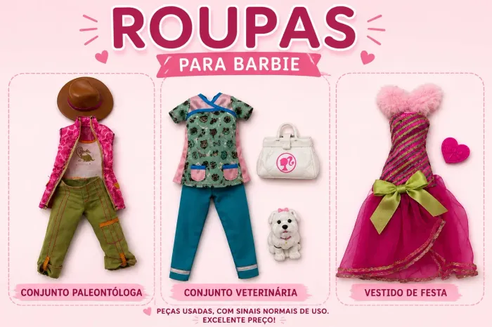 Roupas para Barbie e Ken (paleontóloga, veterinária, gala e terno)