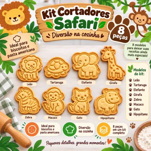Kit 8 Cortadores Safari para Biscoitos e Pasta Americana