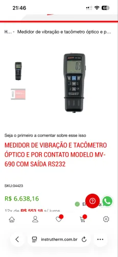 MEDIDOR DE VIBRAÇÃO E TACÔMETRO ÓPTICO E POR CONTATO MODELO MV-690 COM SAÍDA RS232